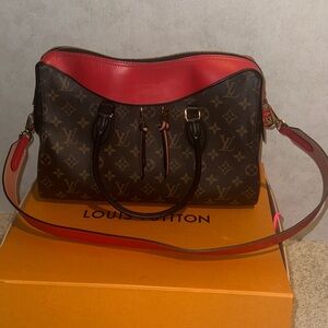 Authentic Louis Vuitton Monogram Tuileries handbag with black and red accents